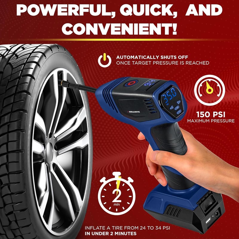 Emson Bullseye Pro Tire Inflator Portable Air Compressor, Car Tire Inflator Portable, Portable Air Pump for Car Tires - 150PSI, 12V DC 1500 mAhs with Tire Pressure Gauge, Rechargeable As Seen On TV(Blue) - Image 2